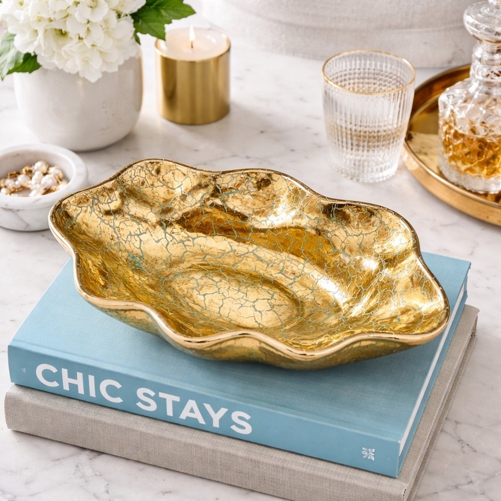 Vintage Cracked Gold California Pottery Bowl Mid Century Modern Decor